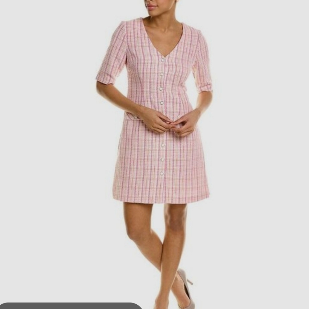 Maison Tara Pink And Ivory Tweed, Buttoned Down Dress Size 14